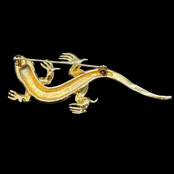 Vintage Gold Tone Brooch Pin Lizard Red stones Eyes and Clear Stones Spine READ - Picture 4 of 5